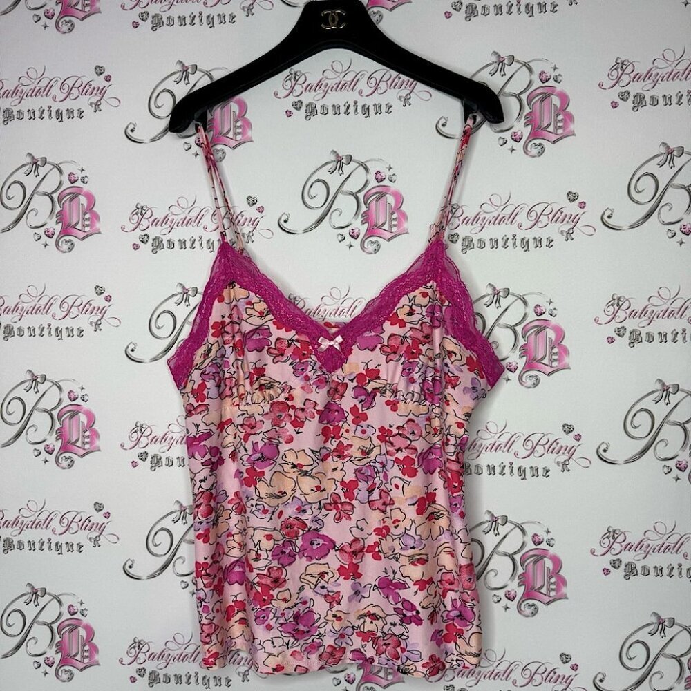 Gilligan & OMalley tank top soft comfy buttery floral flowers pink lace trim